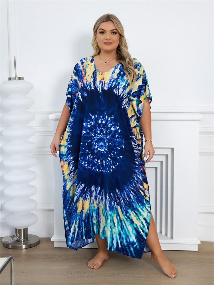 EDOLYNSA Navy Blue Women's Kaftan Hot Selling Bohemian Print Beach Dress Light Jacket Bathing Suit Cover Up Vacation Beach Wear House Robe Q1342