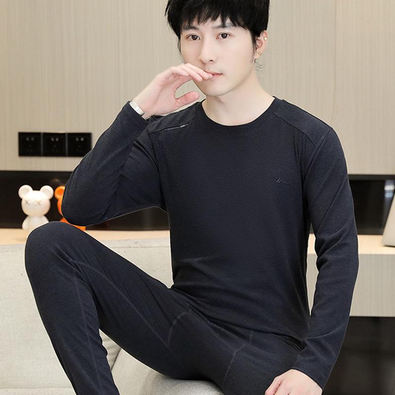 Мужской осенний комплект термобелья: Шерстяной свитер и брюки для студентов-подростков - Теплая смесь хлопка