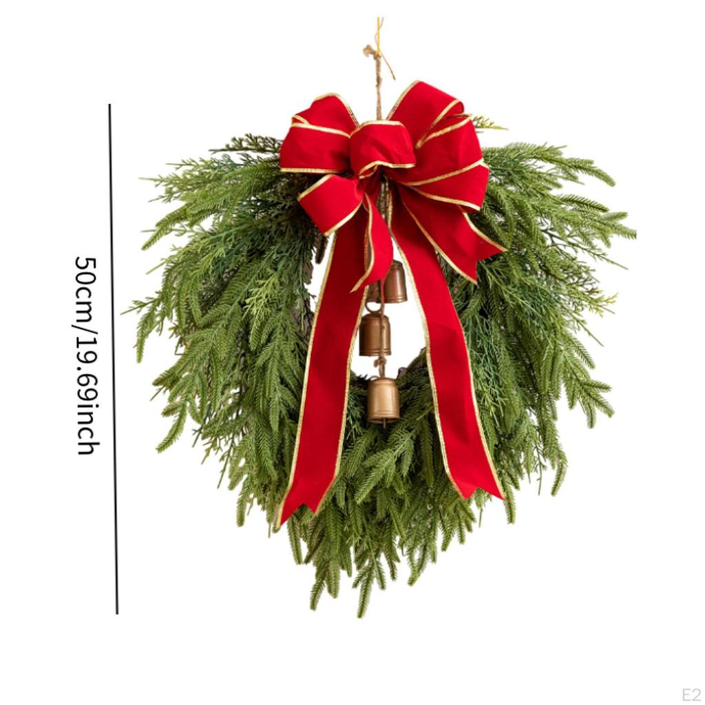 19inch Green Artificial Christmas Wreath with Bell Xmas Lifelike Red Bow for Window,