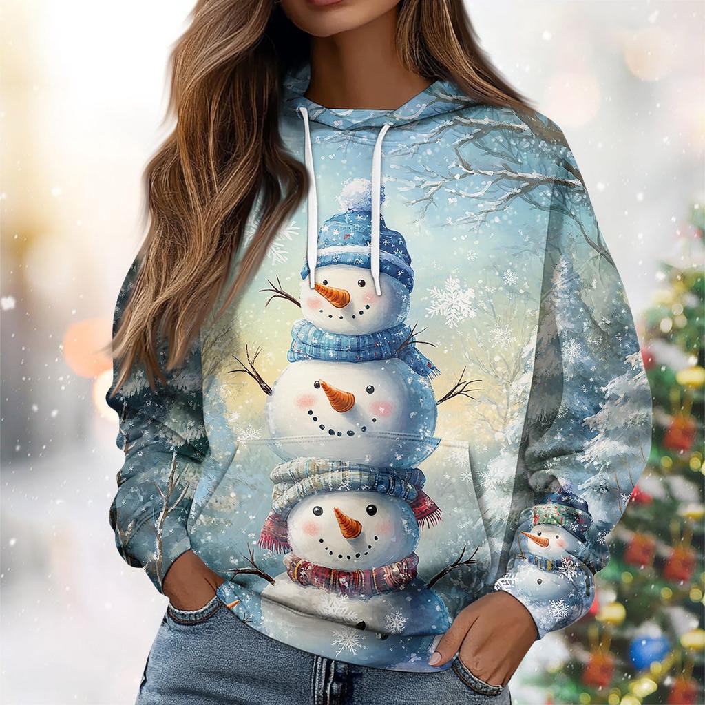 Женская повседневная свободная толстовка с капюшоном и длинным рукавом с рождественским принтом на завязках