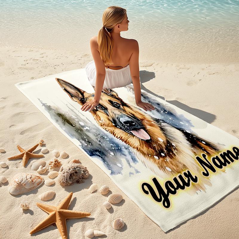1PC Custom Name Winter German Shepherd Portrait Beach Towel Highly Absorbent And Sand-Resistant Towel for Swimming, Pool, Yoga, And Travel Lightweight