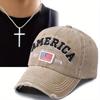 2pcs Men's Baseball Cap Necklace Set Duck Tongue American Flag Baseball Cap Fashion Personalised Design Simple Cross Necklace Pendant