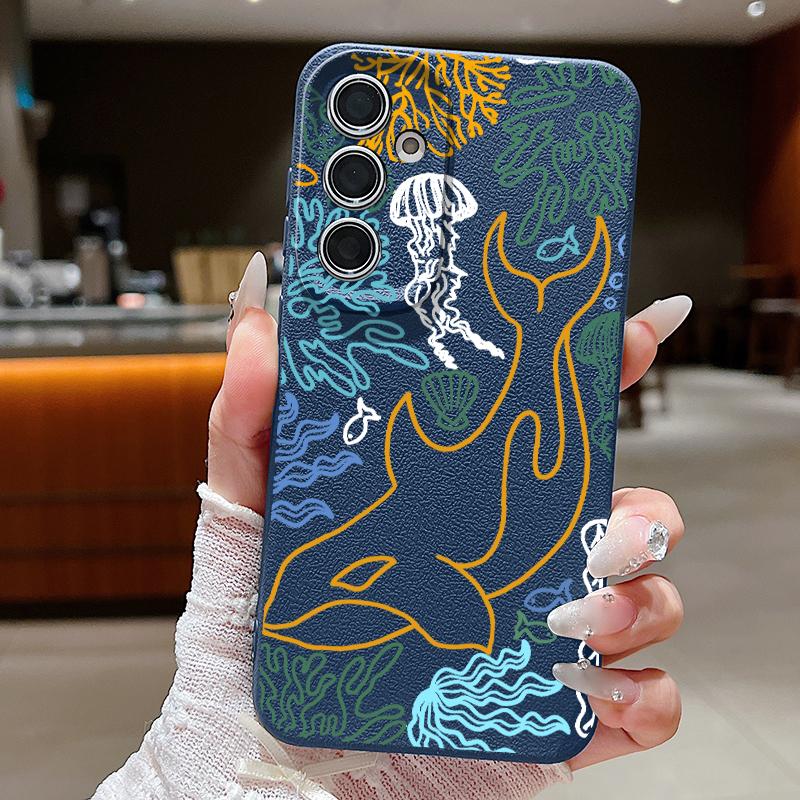 Модный Чехол В Морском Стиле С Рисунком Китов Для Samsung S26 S25 S24 Ultra S23 S22 S21 FE A15 A16 A17 A35 A36 A37 A54 A55 A56 A57 5G Кожаная Текстура Обложка
