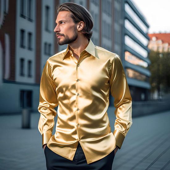 Men Dress Shirt Glossy Surface Satin Solid Color Turn-down Collar Button-down Mid Length Formal Busines Shirt Party Club Shirt