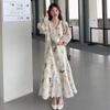 Printed Dress for Women In Spring and Summer, Retro Gentle Style, Covering The Flesh and Showing A Slimming V-neck Long Skirt