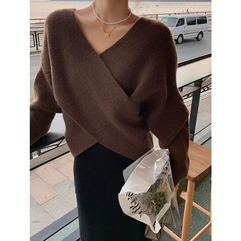 Temperament Simple cross-V-neck Loose Women's Sweater, Autumn and Winter Commuting All-match Elegant Women's Sweater Top