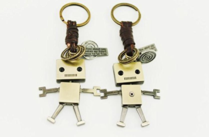 Naissant Cute Leather Strap Robot Design Pair Antique Keychain