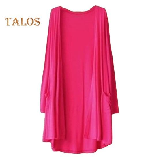 Весенне-осеннее женское пальто свободного кроя средней длины однотонного цвета с длинными рукавами, тонкое с карманами и открытой строчкой, повседневная одежда, кардиган для поездок на работу