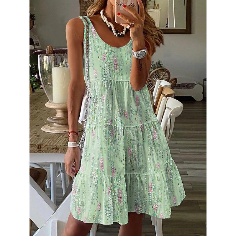 Women's Spring and Summer Casual Fashion Floral Print Loose Round Neck Sleeveless Bobbin Mid-length Dresses