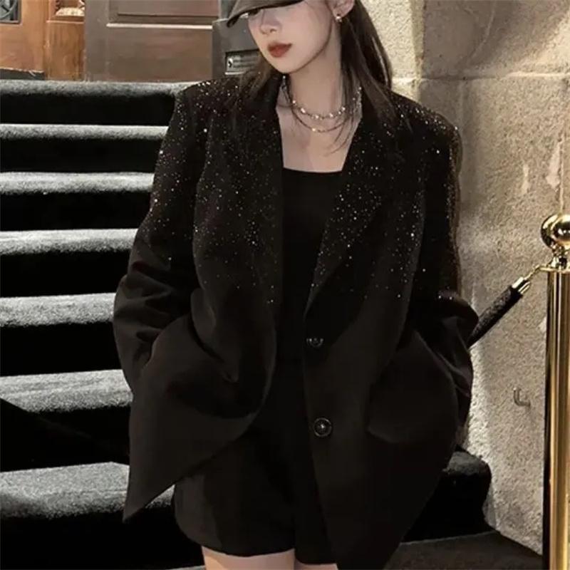 Женский костюм на весну и осень, воротник, стразы, блестящие пуговицы, длинный рукав, свободный тонкий топ