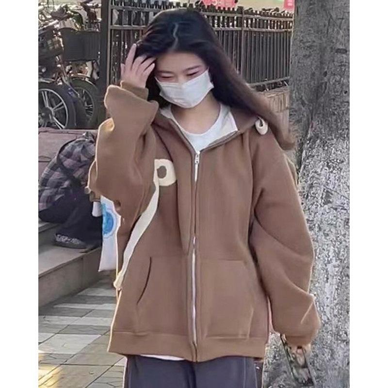 Women Plus Size Sweatshirt Autumn Loose Top Zip Cardigan Hooded Jacket