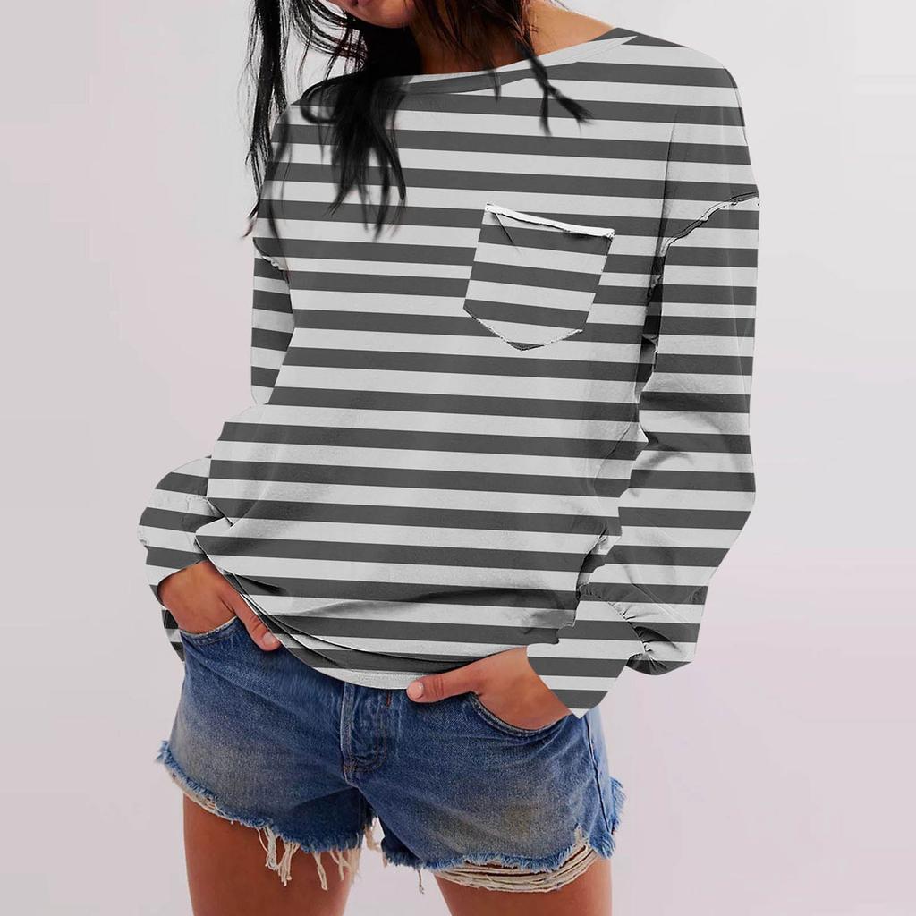Женская мода с длинным рукавом, осенний полосатый принт, свободный топ с круглым вырезом и длинными рукавами