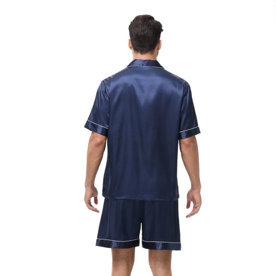 2Pcs/Set Men Pajamas Set Lapel Short Sleeve Single Breasted Tops Elastic Waist Shorts Set Solid Color Satin Sleepwear