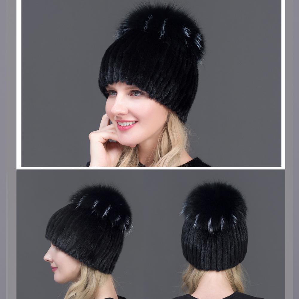 JERYAFUR Вязаная женская шапка с мехом норки пэчворк