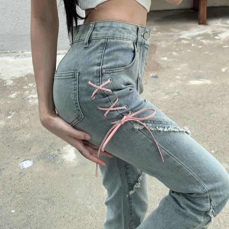 Американские джинсы с разрезом, женские розовые повязки с высокой талией, нерегулярные джинсовые брюки с застежкой-молнией, брюки Y2k Pantalon Femme