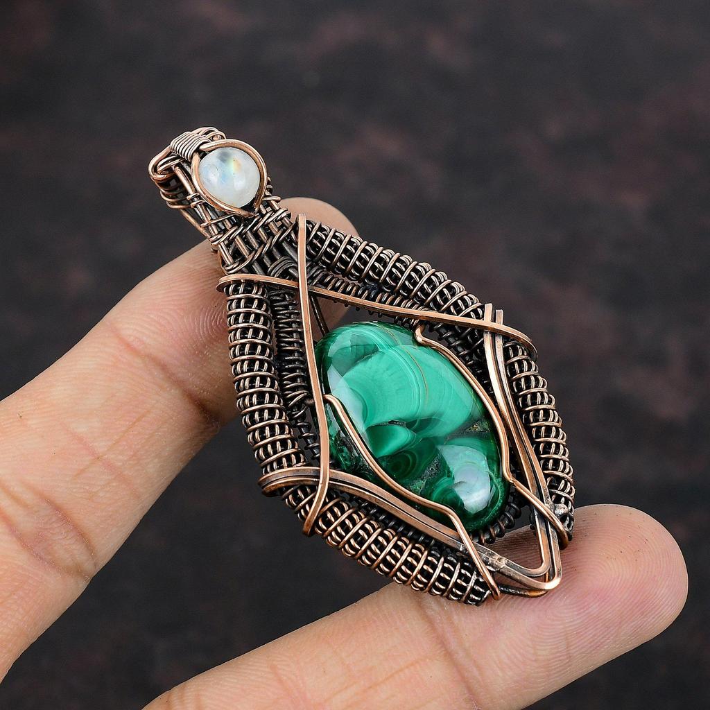 Малахитовый кулон, обернутый медной проволокой, кулон из радужного лунного камня, украшения из драгоценных камней, кулон ручной работы, обернутый проволокой, дизайнерские медные украшения для мамы