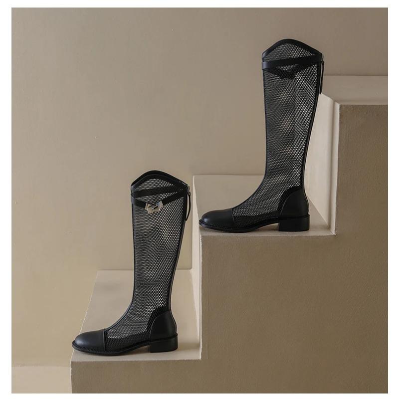 V-mouth Summer Mesh High Boots Women's Breathable Mesh Net Knight Boots Thick Bottom Hollow But Knee Long Cool Boots