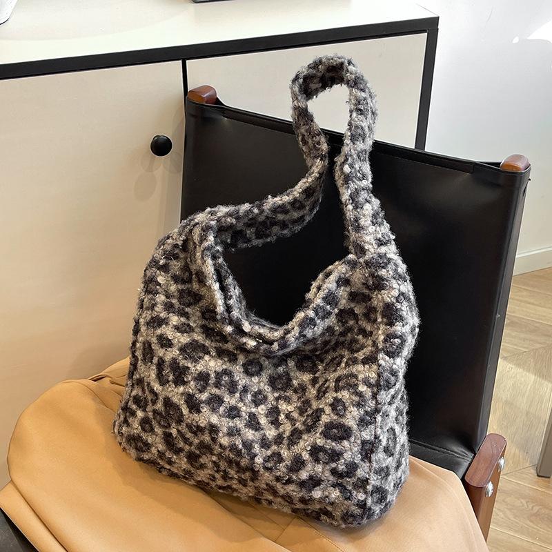 Bag Women'S Fashion Imitation Lamb Plush Large Capacity Shoulder Bag Leopard Print Tote Bag