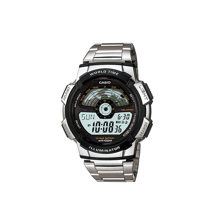Casio Youth Series Round Dial Digital World Map Sports Quartz Movement Stainless Steel Strap Men watches Black AE-1100WD-1A