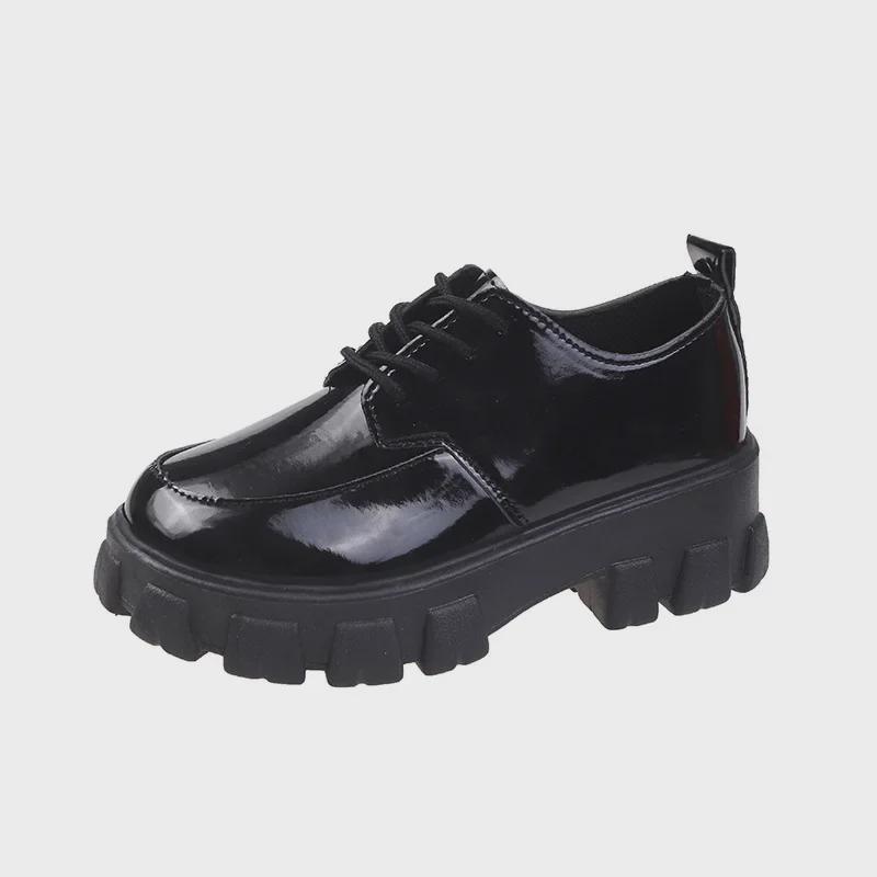 2023 Spring/Summer Women's British Style Platform Leather Loafers: Round Toe, Thick Sole, Lace-up, Casual JK