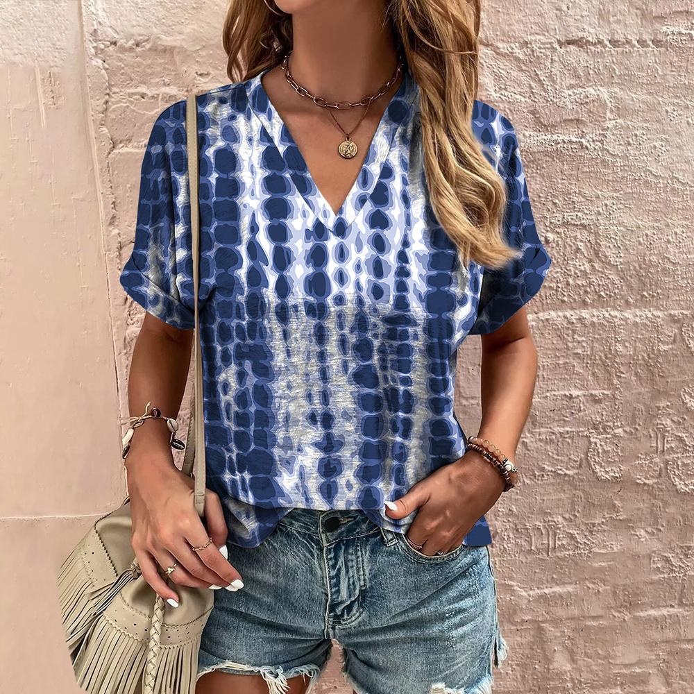 Летняя женская футболка с полосатым принтом, футболка в стиле тай-дай с коротким рукавом, женская одежда, V-образный вырез, свободная блузка, женские футболки