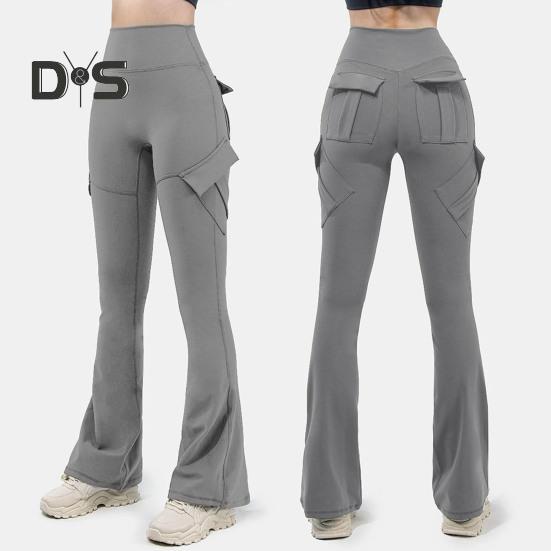 Women Flared Pants Elastic High Waist Wide Leg Casual Trousers with Flap Pockets Solid Color Cargo Pants Daily Wear