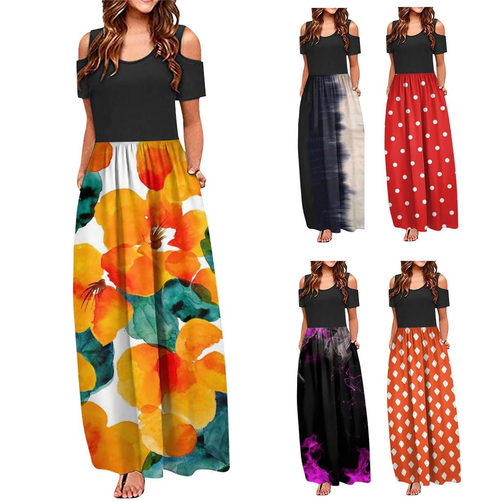 Women's Fashion And All-match Holiday Round Neck Strapless Long Print Spring And Summer Dress