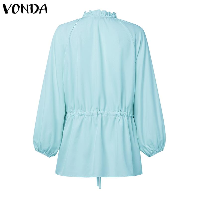 VONDA Женские повседневные блузки-рубашки с воротником-стойкой, однотонные, с длинным рукавом, с кулиской на талии