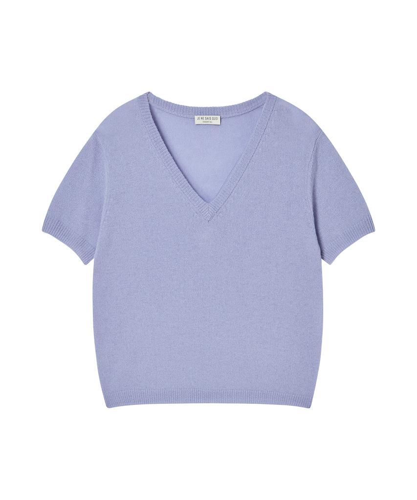 JE NE SAIS QUOI Sheer Cashmere Blended V-Neck Short Sleeve Knit_Light Violet
