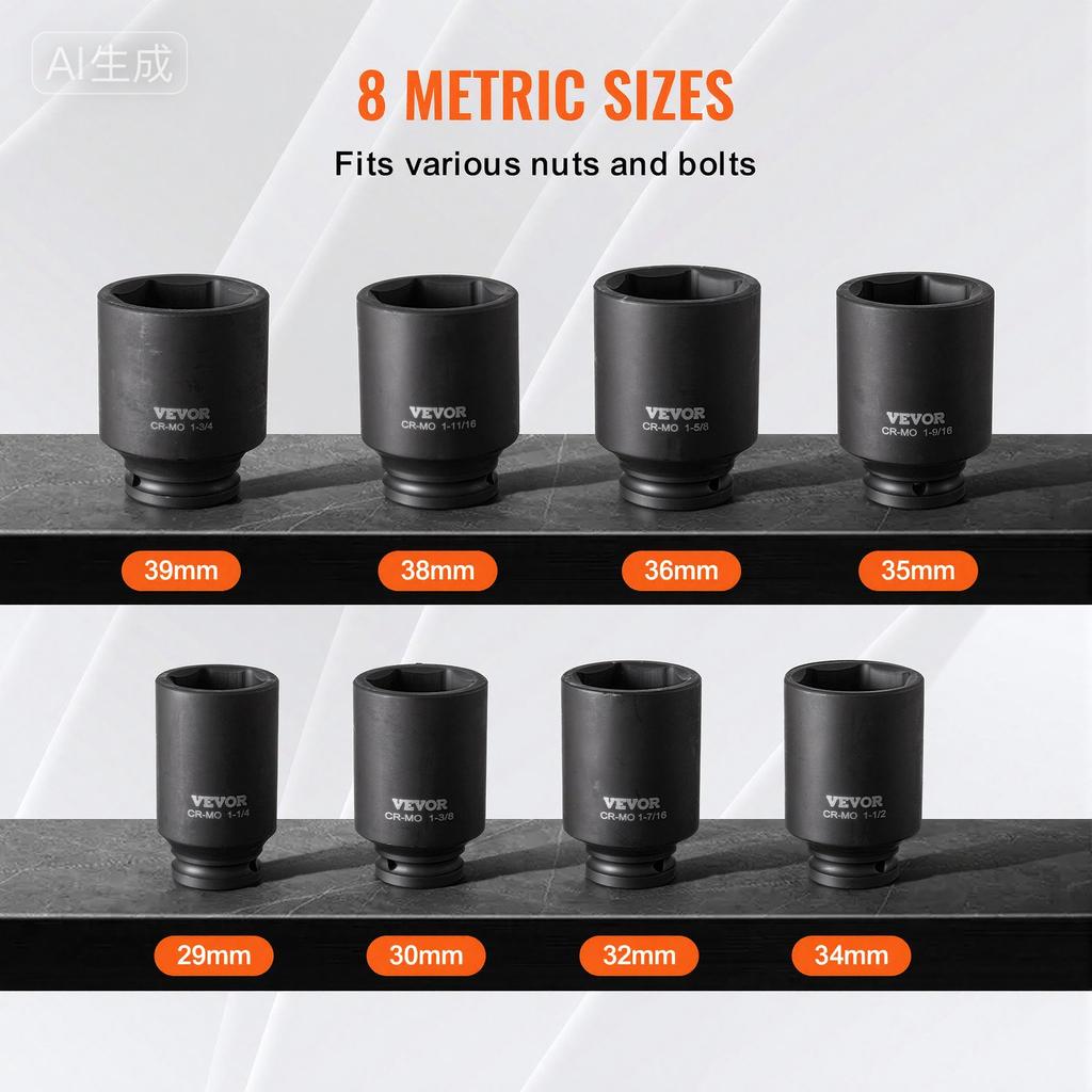 VEVOR Axle Nut Impact Socket Set, 1/2" Drive Deep 12-Point 8-Piece Metric Spindle Nut Socket Set