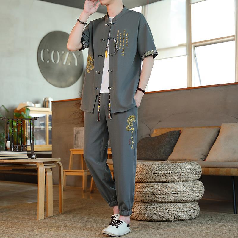 Suxi Men's Summer Chinese Embroidered Two-Piece Retro Suit 8617