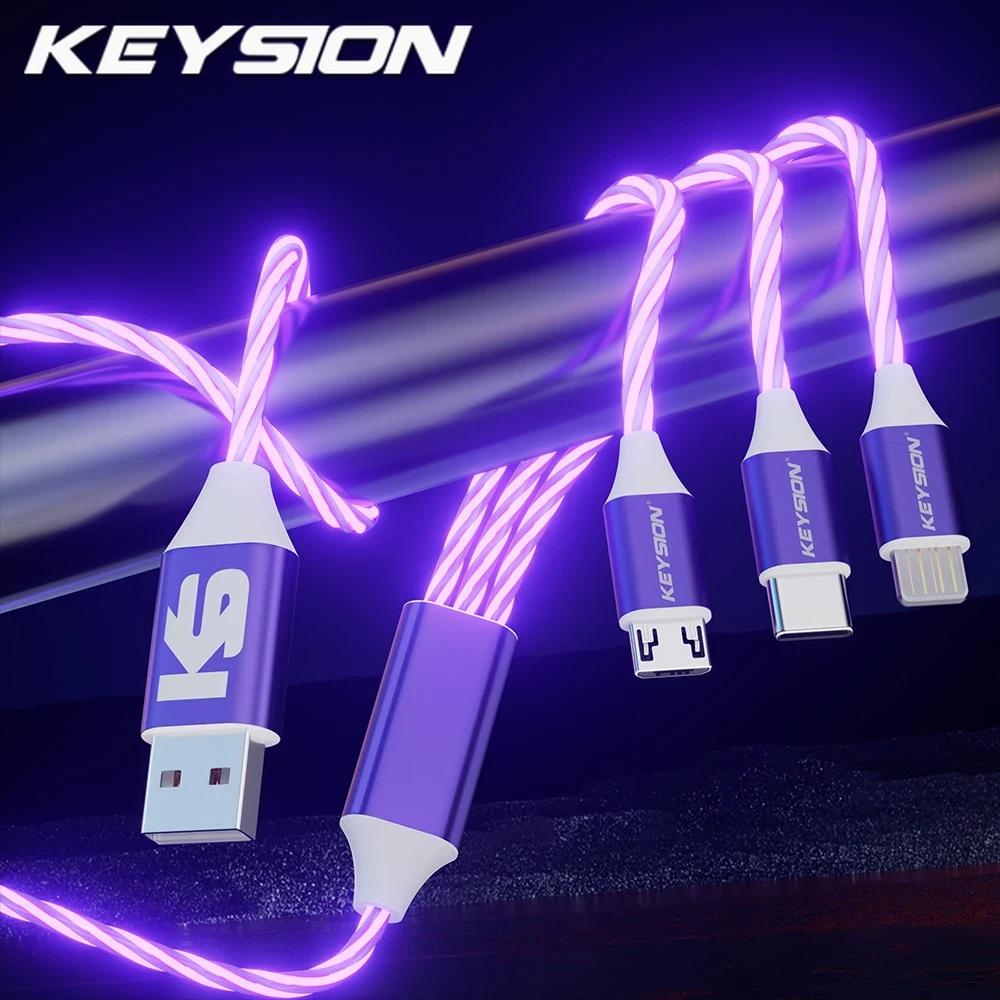 KEYSION 3 в 1 3A кабель для быстрой зарядки Micro USB Type-C провод для зарядки телефона светящийся светодиодный шнур для iPhone Samsung Xiaomi Redmi