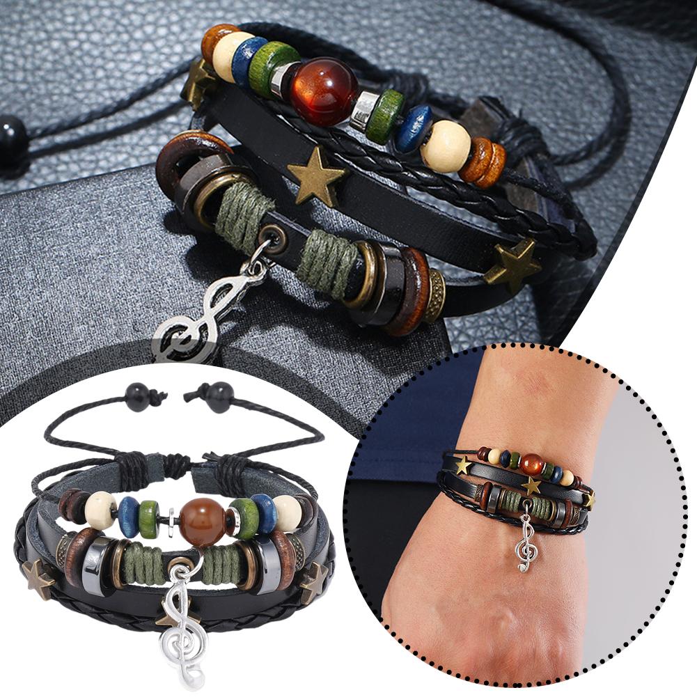 Модный регулируемый браслет ручной работы из плетеной коричневой кожи и дерева, браслет со звездами и пуговицами для унисекс меня I3I6