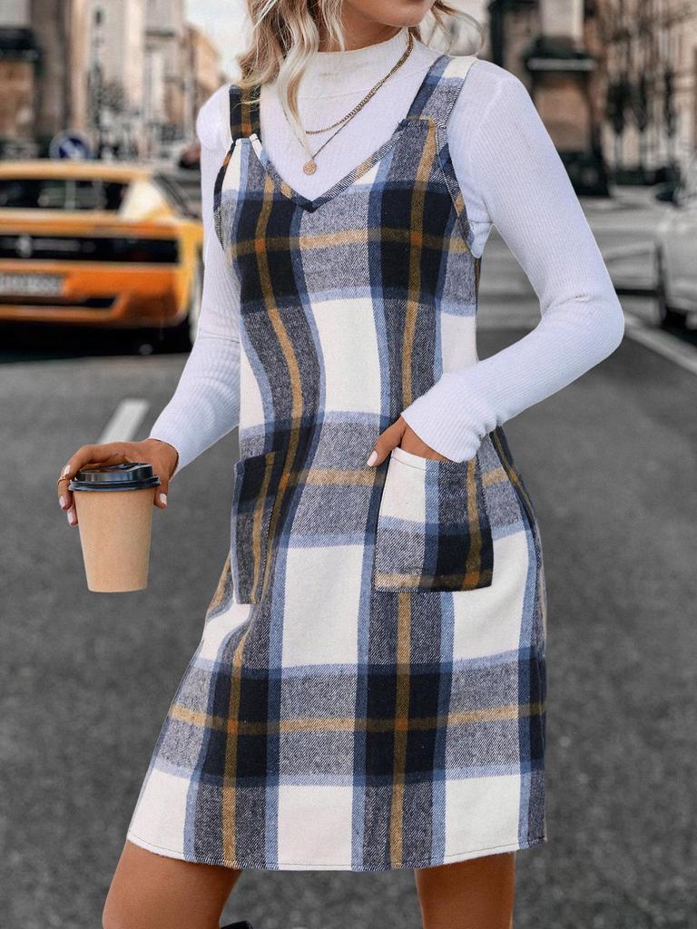 Европейское и американское женское платье-комбинезон в клетку с V-образным вырезом и карманами - Модная одежда для весны и осени