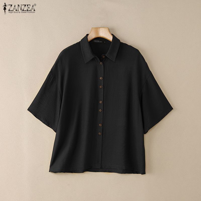 ZANZEA Женская повседневная летняя блузка с отложным воротником и коротким рукавом