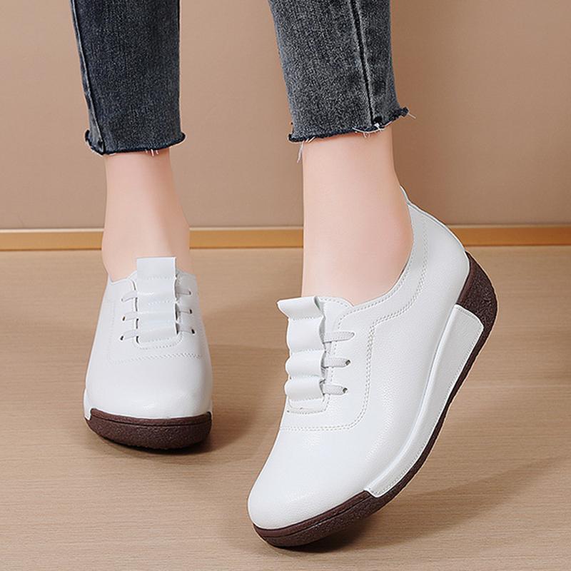 Женские туфли из натуральной кожи на толстой подошве, Нескользящие раскачивающиеся туфли на платформе, рабочая обувь для мам