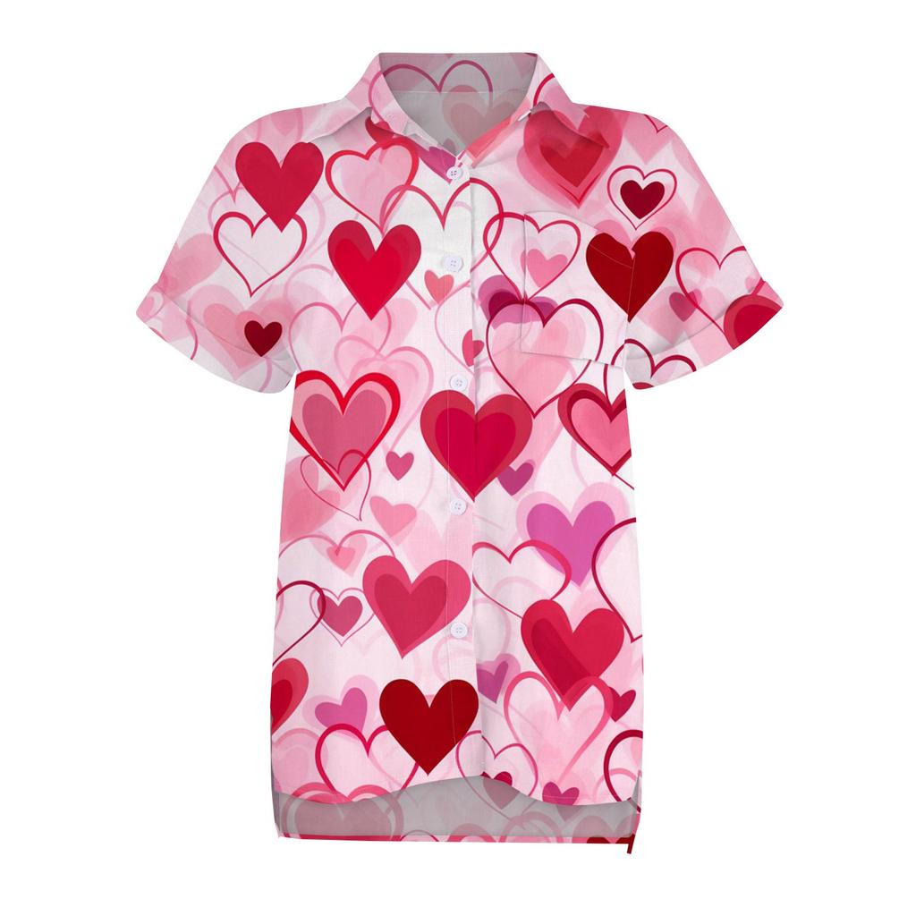 Женская свободная повседневная рубашка с короткими рукавами и отворотом с цифровым принтом и карманом