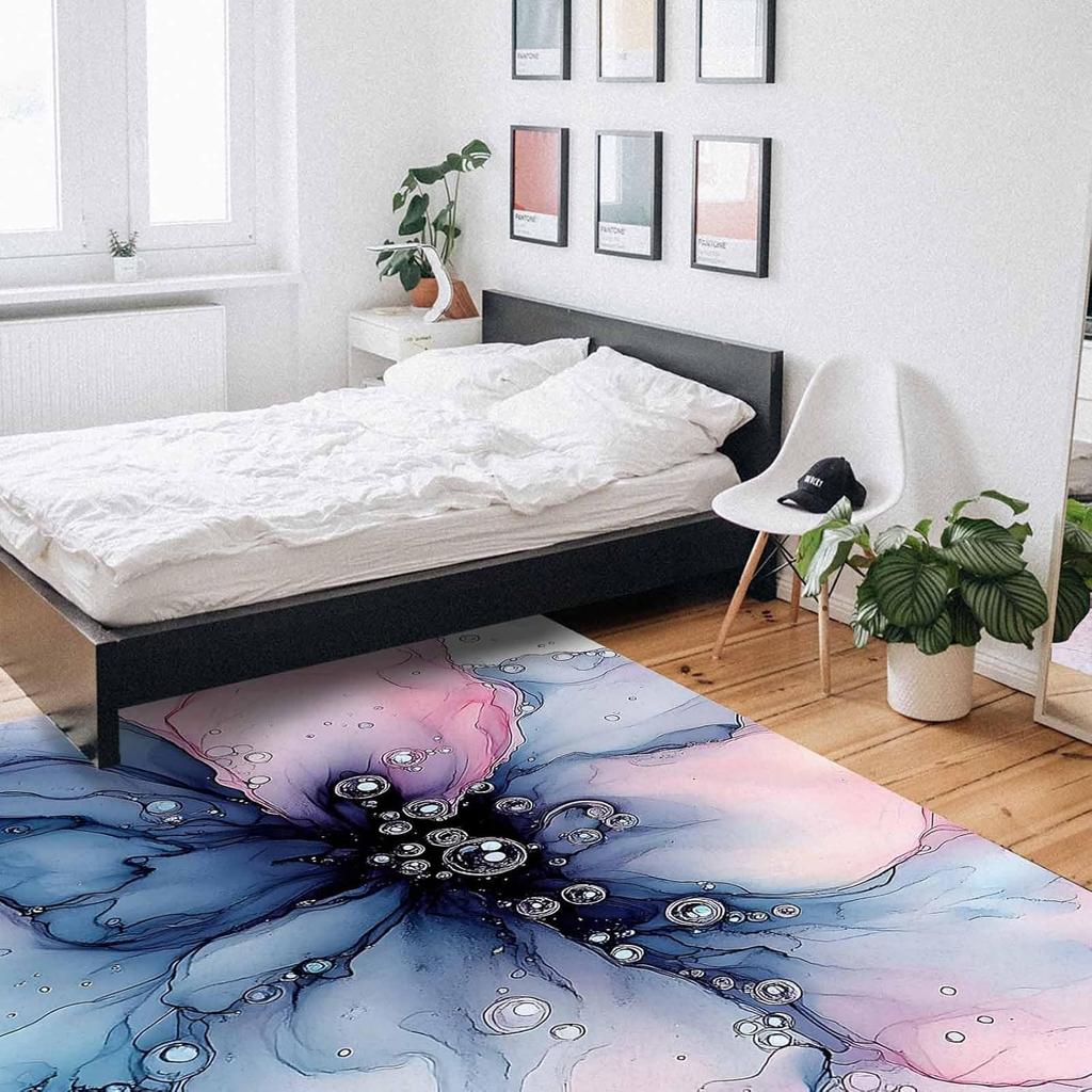 Pink Blue Gradient Washable Area Rugs Abstract Art Marble Texture Non Slip Rugs for Living Room Bedroom,Low Pile Floor Mat Large
