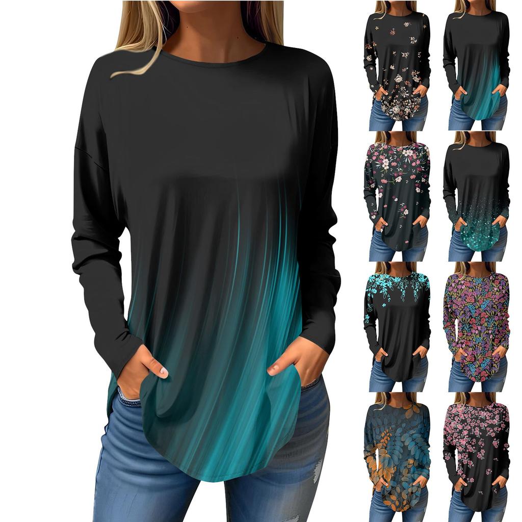 Женская свободная футболка с длинным рукавом с круглым вырезом и принтом, верхний пуловер
