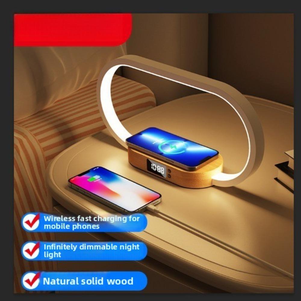 15W Mobile Phone Wireless Fast Charging Touch Night Light Solid Wood Clock Bedroom Bedside Table Lamp