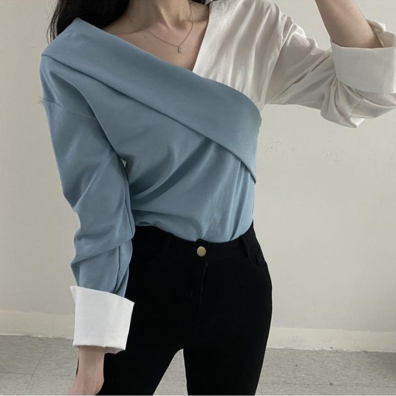 Корейский шик, замедляющий старение, ретро-темперамент, сшитый, цветной, блокирующий, нишевый, чувство дизайна, базовый слой, рубашка, топ с открытыми плечами для женщин