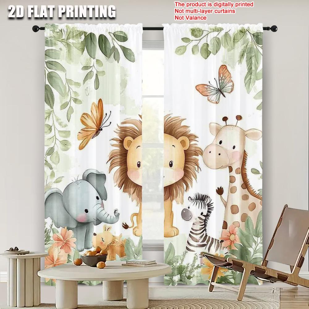 2pcs   spring summer Curtains Cute Lion Elephant Giraffe Zebra Light Filtering Sheer Curtains Versatile Fabric Room Decor Perfect