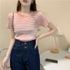 Футболка с круглым вырезом и короткими рукавами, женская летняя, с высокой талией, тонкая, в полоску, узкая, короткая, трикотажная, повседневная, облегающая, свитера, футболки