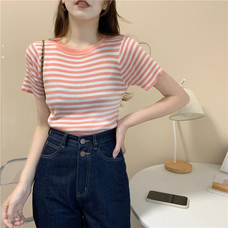 Футболка с круглым вырезом и короткими рукавами, женская летняя, с высокой талией, тонкая, в полоску, узкая, короткая, трикотажная, повседневная, облегающая, свитера, футболки