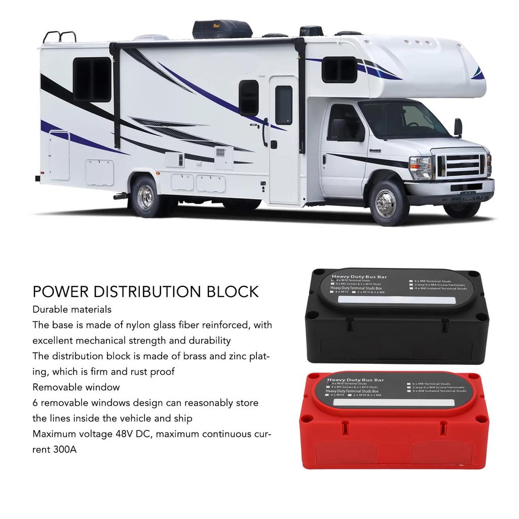 Power Distribution Block Busbar 2pcs Distribution Block 4 Studs 300A Bus Bar Universal 12‑48V for Car RV Yacht Boat