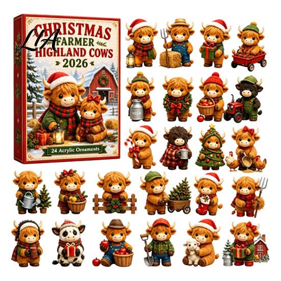 Farmhouse Style Seasonal Decor Christmas Highland Cow Advent Calendar, 24 Cute 3D Collectible Mini Thanksgiving Keepsake Gifts Figures, Holiday