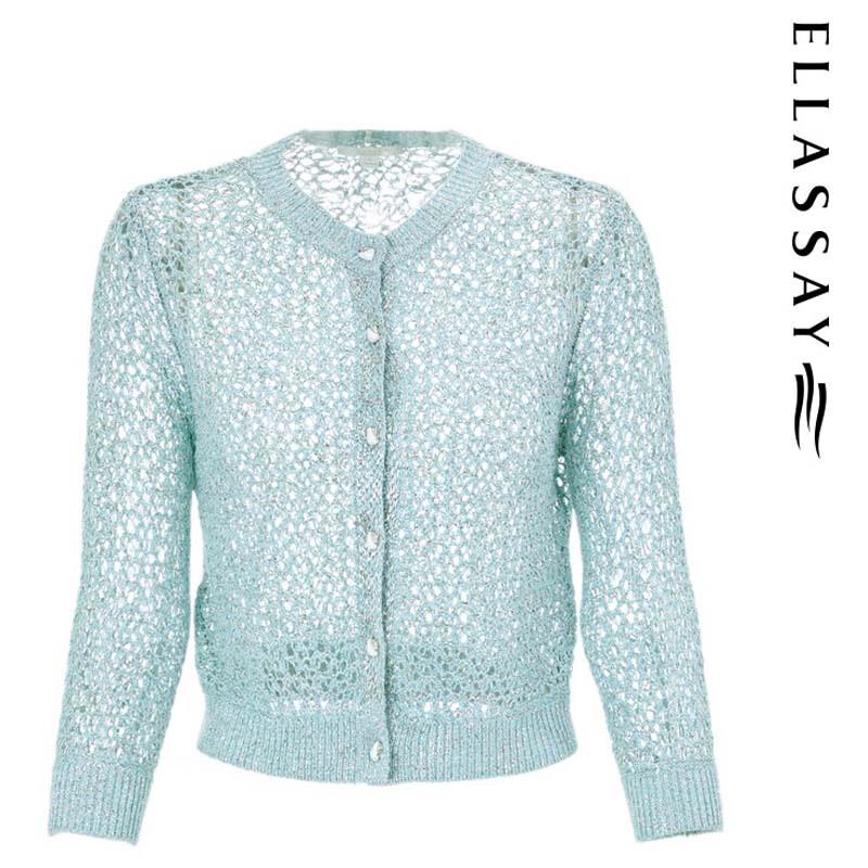 ELLASSAY Women's Woven Round Neck Knit Cardigan