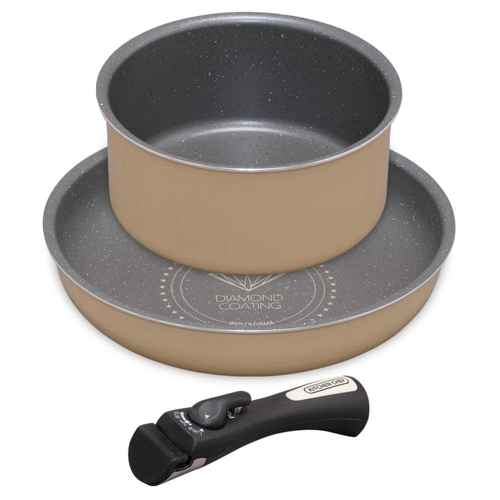 IRIS OHYAMA Frying Pan and Pot Gas Stovetop Easy To Pan with Removable 3-Piece Set, Compatible, Lightweight, Clean, Diamond-Coated Handles,