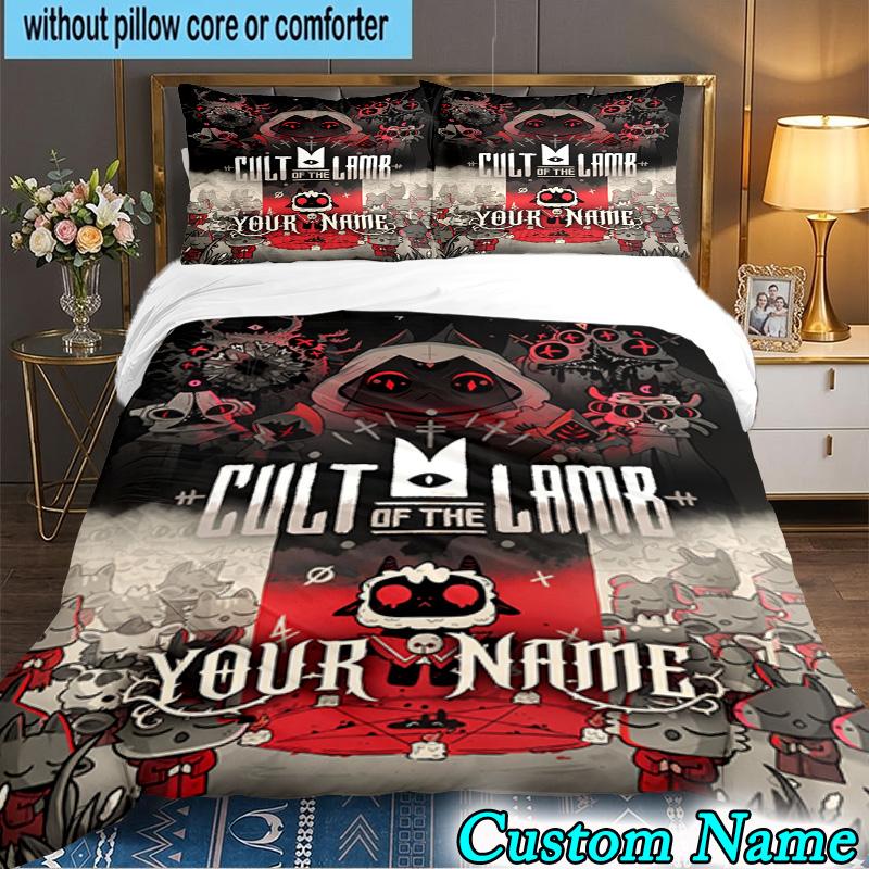 Custom Name 3PCS Cult Lamb Game Fantasy Bedding Set,Including Duvet Cover And 2pcs Pillowcases Perfect for Bedroom,Dormitory,Fan Christmas gift