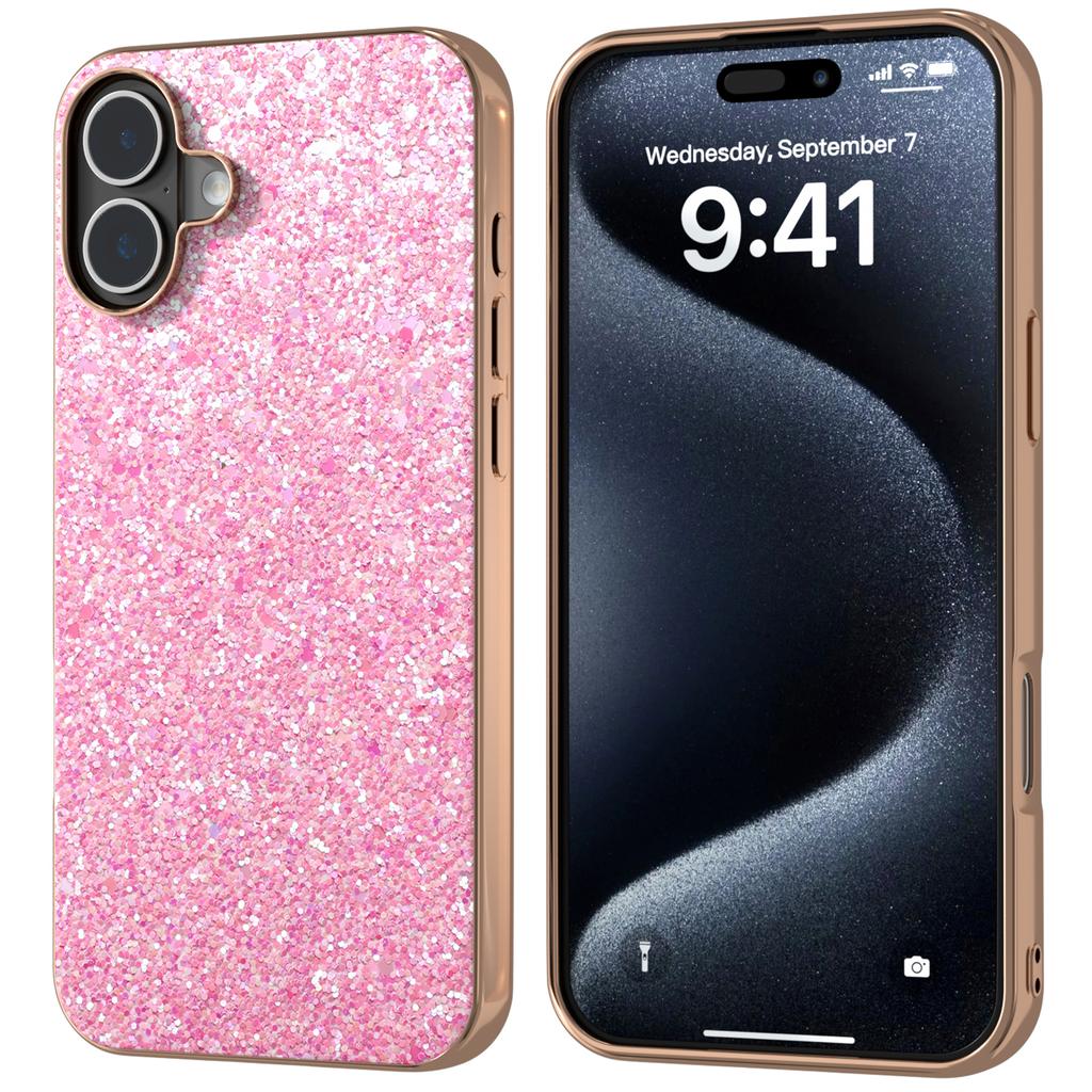 For iPhone 16 Case Electroplating Phone Cover Colored Glitter Design PU+TPU Protective Case - Gardenia White